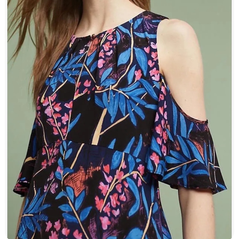 Anthropologie Maeve Elia Multicolor Floral Cold Shoulder Swing Dress - Picture 2 of 11
